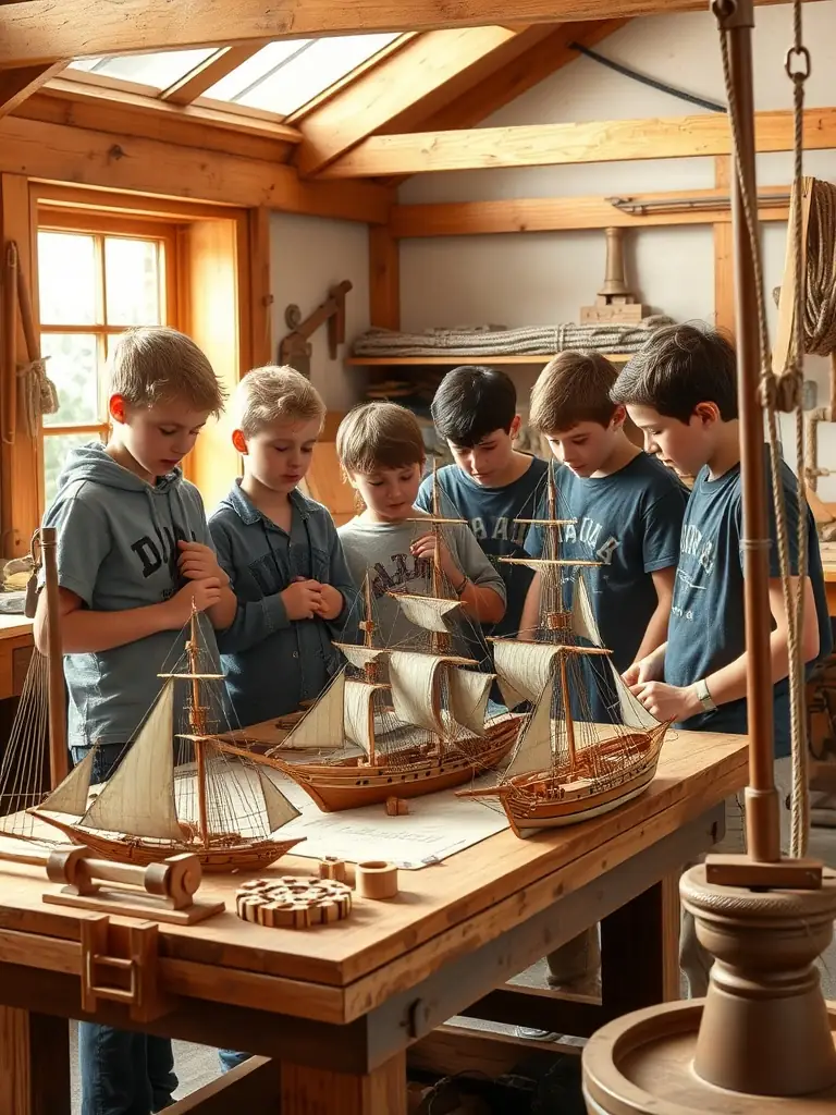 A group of students participating in a workshop on traditional shipbuilding techniques, focusing on the Hermione frigate.