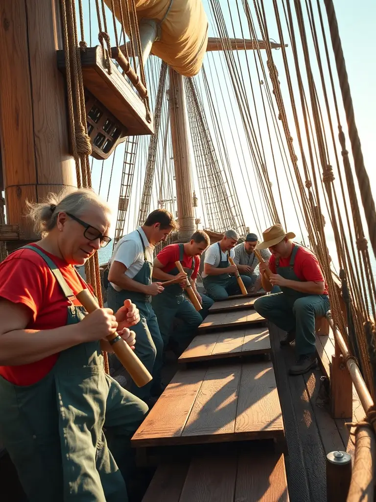 A diverse group of volunteers working together on the Hermione, cleaning and maintaining the ship's deck.