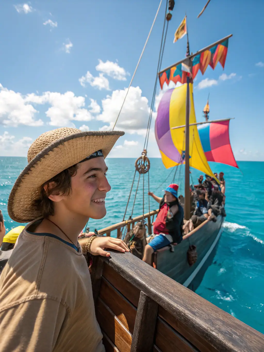 A vibrant scene of cultural exchange on the deck of the Hermione, with people from different countries interacting and learning about each other's traditions.