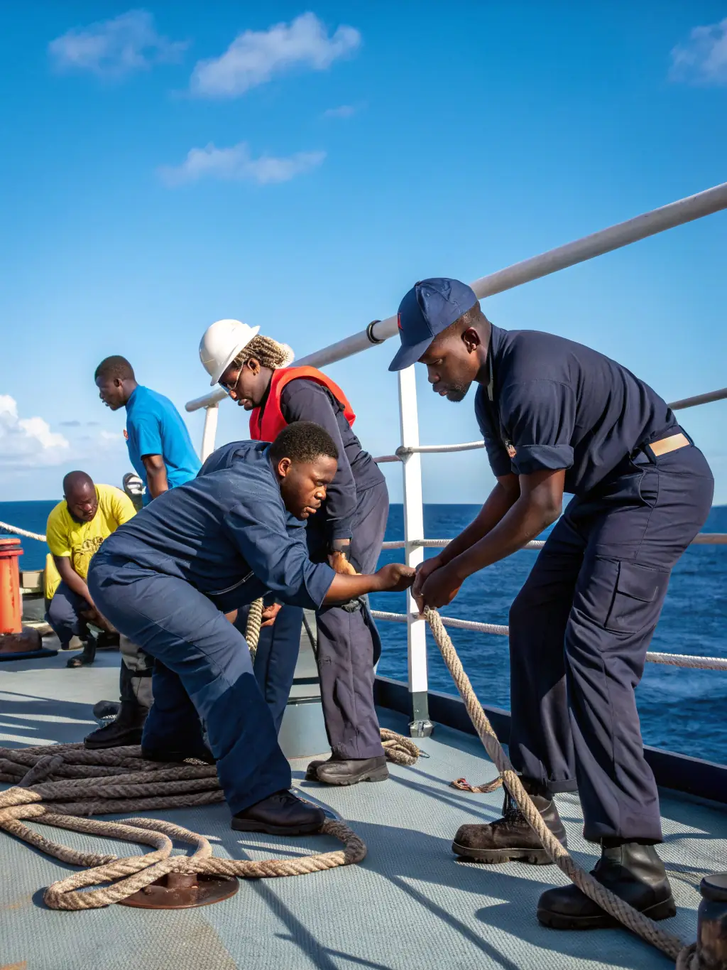 A diverse group of trainees working together on the Hermione, learning traditional maritime skills under the guidance of experienced instructors.